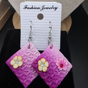 Pink and Purple Floral Dangle Earrings (1434)